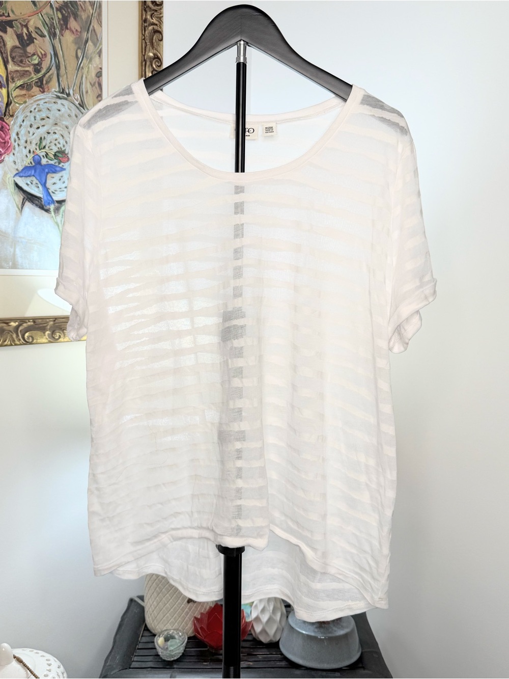 Cato Woman 18/20W White Sheer Burnout Stripe High Low Tunic Top Plus Size